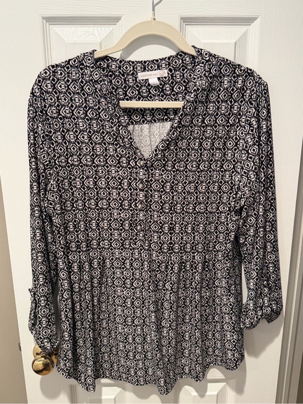 Westport 1962 Black White Geometric Peasant Tunic Blouse Large